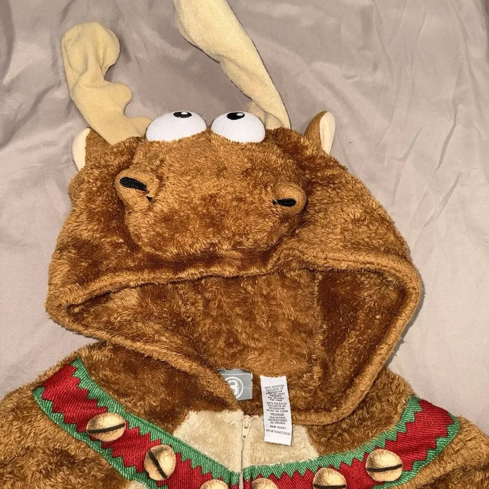Reindeer Hooded One-Piece Costume Polyester Brown Full Body Zipper Size M (8-10)